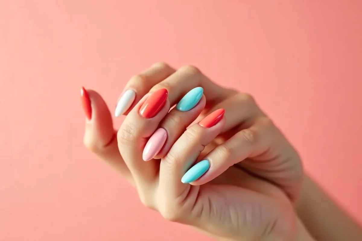 manos con una manicura de colores de uñas de verano en luz natural