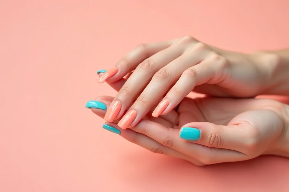 manos con una manicura de uñas de gel de verano en luz natural